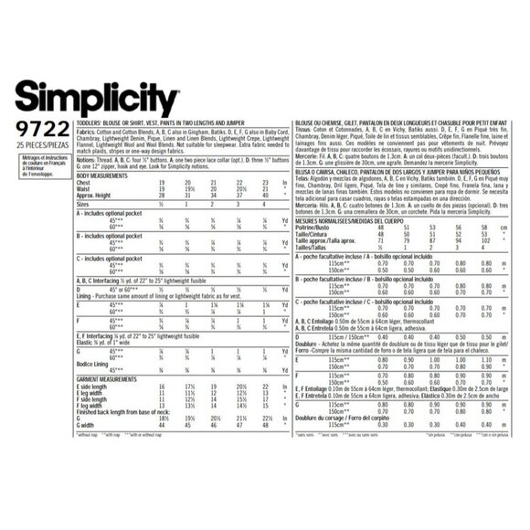 Simplicity 9722 Childrens Toddlers Blouse Shirt Vest Pants & Jumper 1/2-4 - Picture 2 of 2